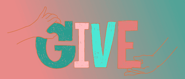 Illustration of hands holding colorful letters spelling GIVE